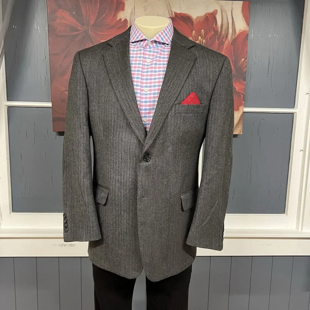 Stafford Tweed Wool Jacket Sport Coat Mens 44R Classic‎ Fit Herringbone Gray